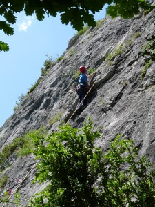 Tom on the first overhang of Les Herbes Ameres 5+